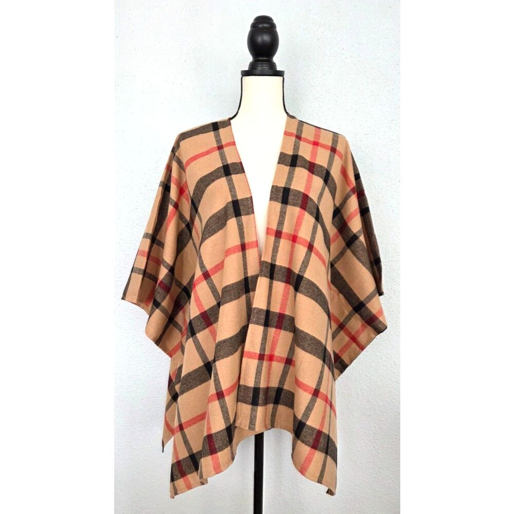 Andree by Unit Preppy Tartan Plaid Open Front Poncho Wrap OS NWT Tan Red
